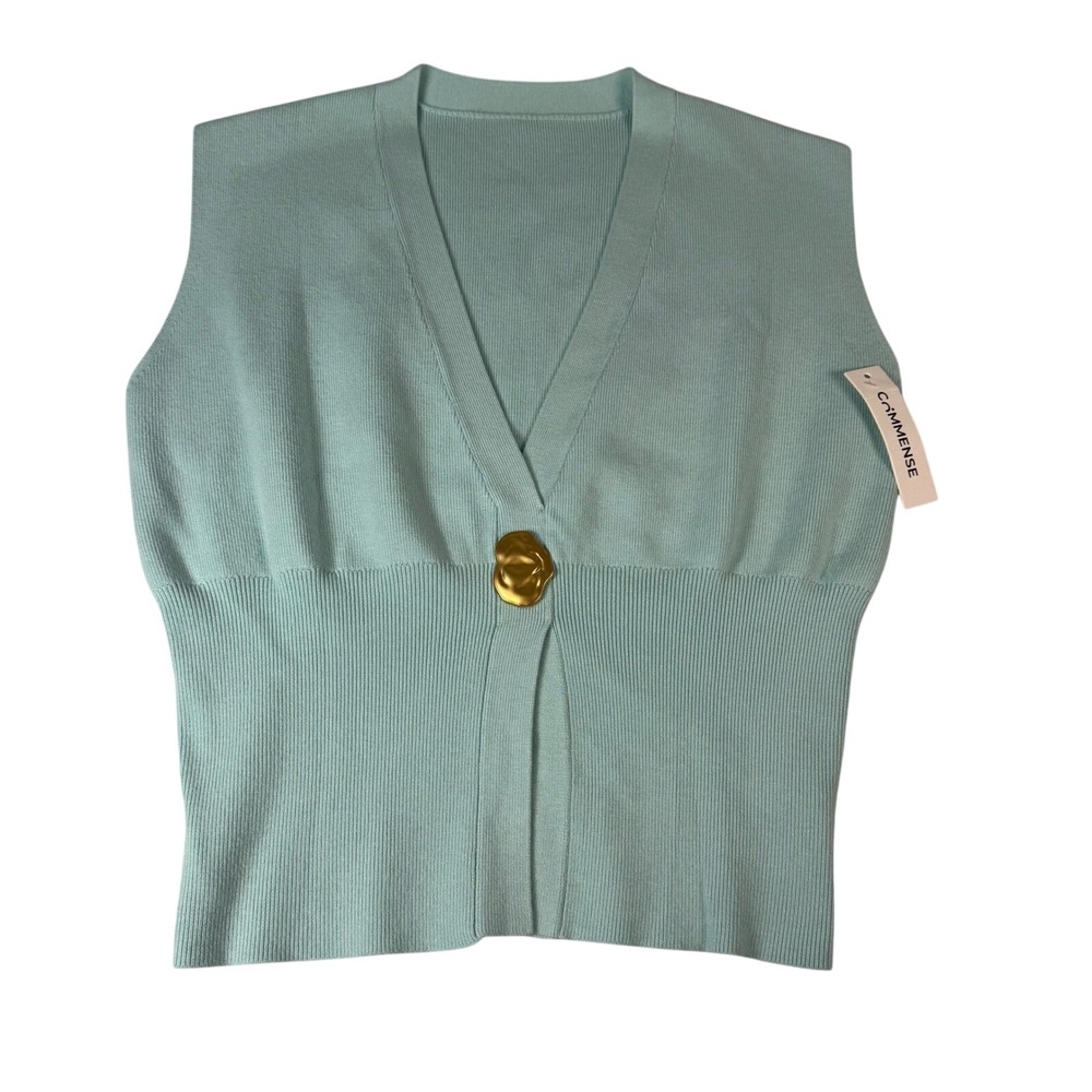 Commense Sweater Vest Women Size M Mint Green Knit Gold Button Quiet Luxury Chic